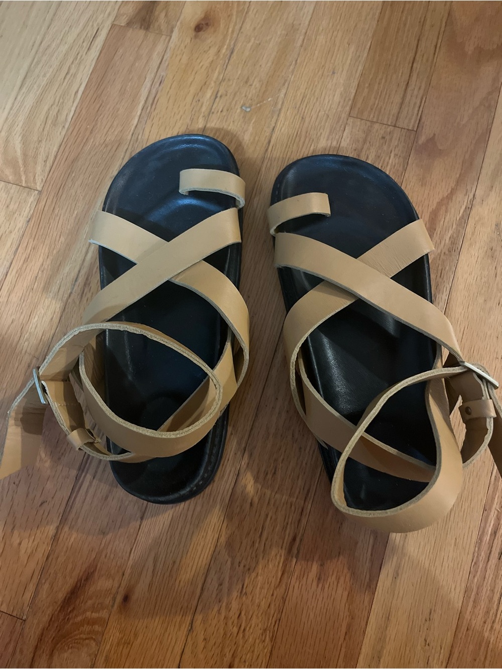 Liberté leather Tan Strappy Sandals with Black Footbed